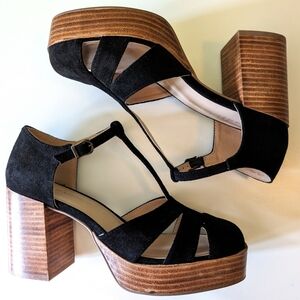 NWOT House of Harlow 1960 Tizzy Black Suede Platform Mary Janes Heeled Sandals